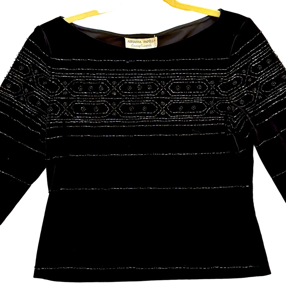 -Adrianna Pappell Black Velvet Beaded Top Sz M NWT 3/4 Sleeves Whimsigoth EUC